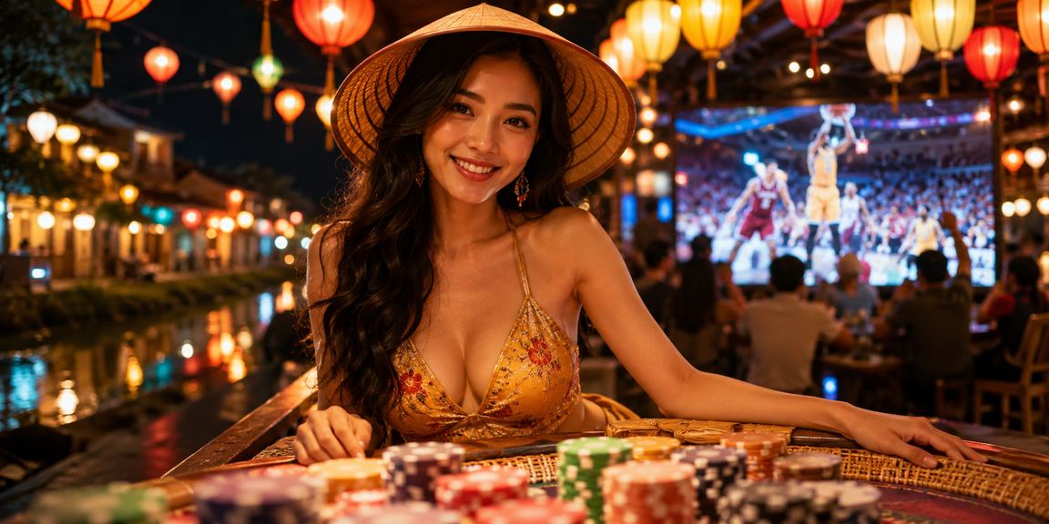Người dùng đội nón lá theo dõi cá cược bóng rổ tại phố cổ Hội An