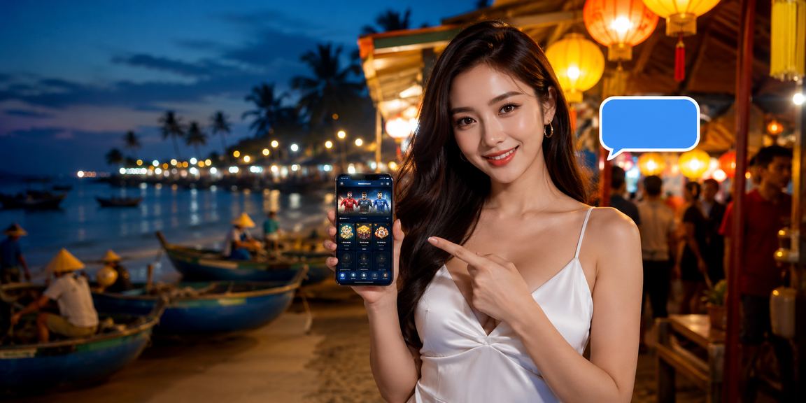 Người dùng trải nghiệm casino trực tuyến trên điện thoại tại chợ đêm Mũi Né
